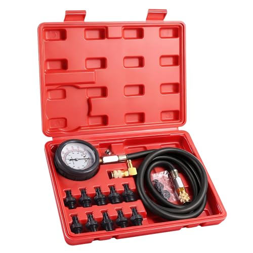Oil Pressure Tester Kit, 0–140 PSI Engine Oil Pressure Gauge with Hose & Brass Adapters, Automotive Diagnostic Tool for Cars, Motorcycles, Small Diesel Engines, with Storage Case (red)