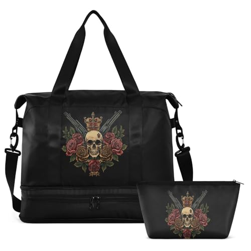Crown Roses Skull Black Travel Duffel Bag for Women Men Gym Bag with Shoe Compartment Wet Pocket Carry On Weekender Overnight Bags for Airline Travel Gym