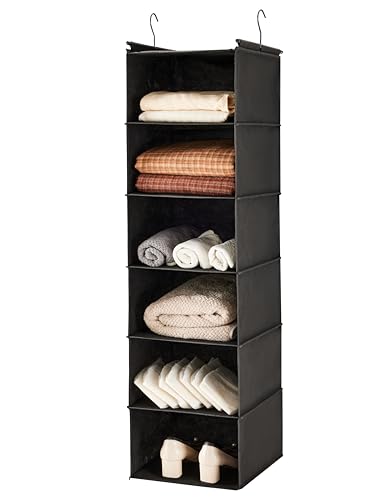 Image of MAX Houser 6 Tier Shelf Hanging Closet Organizer, Closet Hanging Shelf with 2 Sturdy Hooks for Storage, Foldable (Black)