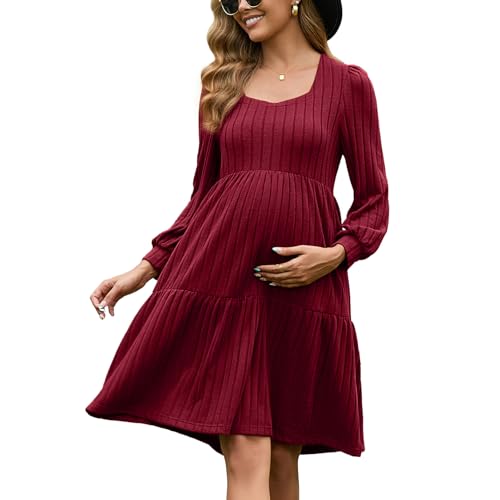 GINKANA Damen Umstandspulloverkleid, quadratischer Ausschnitt, langärmelig, Herbst, lässig, Schwangerschaft, Babydoll, Strickkleid mit Tasche,...