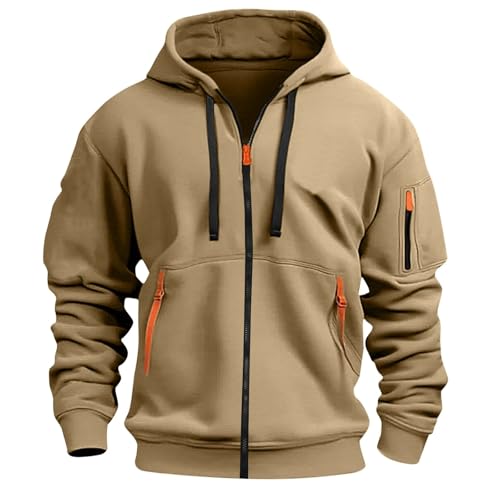Sprifloral Mens Hoodies Sweatshirts Zip up Long Sleeve Hoody Jacket Zipper Fleece Hooded Top Khaki M