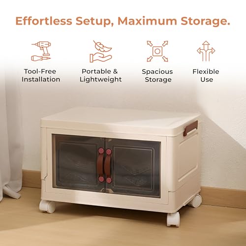Image of HomeEssentials Storage Box | Magnetic Double Opening Door | Transparent Stacking Plastic Storage Boxes with Wheels | Suitable for Bedroom, Living Room, Office & Kitchen (1 Layer, 55X35X34 Cm)