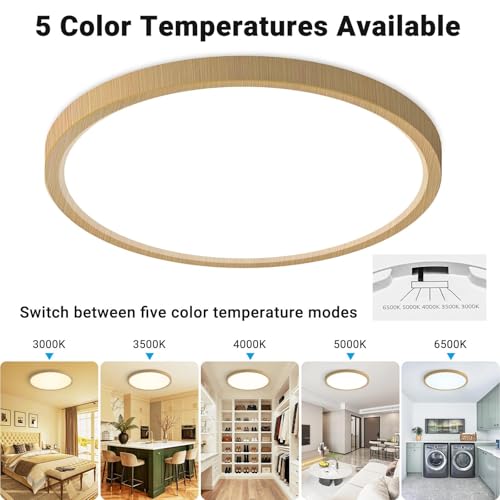 Fairdeer LED Flush Mount Ceiling Light,12Inch 24W,3000K/3500K/4000K/5000K/6500K 5 Color Temperatures Ceiling Light Fixture for Kitchen Porch Hallway Bedroom Bathroom and Closet,Wood by Fairdeer - Used condition - Image 3