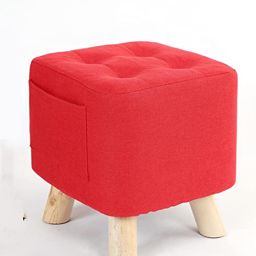 Taburete otomano cuadrado de lino para sala de estar y dormitorio, taburete pequeño para cambio de zapatos, color rojo, 28 x 28 x 31 cm