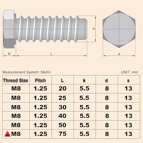 Image of 10Pcs M8 Hex Bolts M8x75mm Hex Head Bolts Stainless Steel 304 | M8-1.25 Hex Bolt Fully Threaded Hex Tap Bolts Metric Hexagon Head Screw Machine Bolts Right Hand External Hex Drive