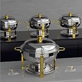 Amhier 5 Qt Chafing Dish Buffet Set with Stainless Steel Lid, Round Chafers and Buffet Warmers Sets with Food and Water Trays for Catering, Parties, Hotels and Weddings, Gold, 4 Pack