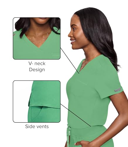 Image of Med Couture Women's V-Neck Scrub Top, Modern Fit Tuck-in Top with Stretchy Rib-Knit Shoulders and Chest Pocket - MC7448