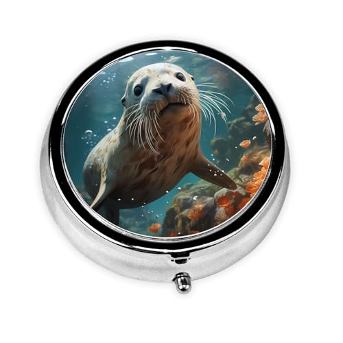 JKDGOJ Seal pup in Water Pattern Round Mini Pill Box with 3 compartments for Pill Storage and Portable Travel