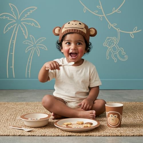 Image of Bamboo Kids Feeding Set of 5 |Kids Crockery Set Tableware |Baby Utensils and Dishes Set | Eco-Friendly |Organic & Natural. (Mighty Monkey)