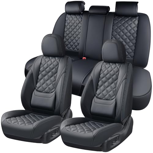 Image of Car Seat Covers Full Set, Luxury Leather Seat Cover for Cars 5 Seats, Front Seats and Back Car Seat Protector Waterproof Seat Cushions, Universal Automotive Seat Covers for Most Cars SUV Trucks, Black