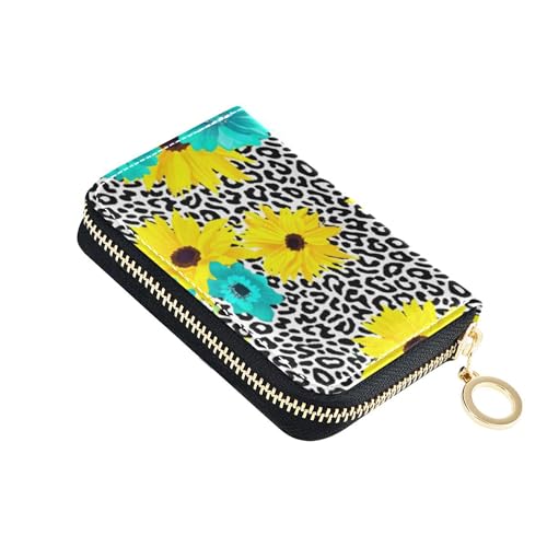 RFID Blocking Credit Card Wallets Leather Womens Wallet Zip Around Coin Purse Pouch with Zipper Yellow Turquoise Blue Flowers Black