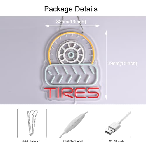 Image of Tires Neon Sign,USB Powered Dimmable Wall Decor LED Light | Neon Lights Hanging Wall Art Decor for tire Shop Auto Supplies Car Service Repair Garage Workshop,Ultra Bright, 15.35*12.6in