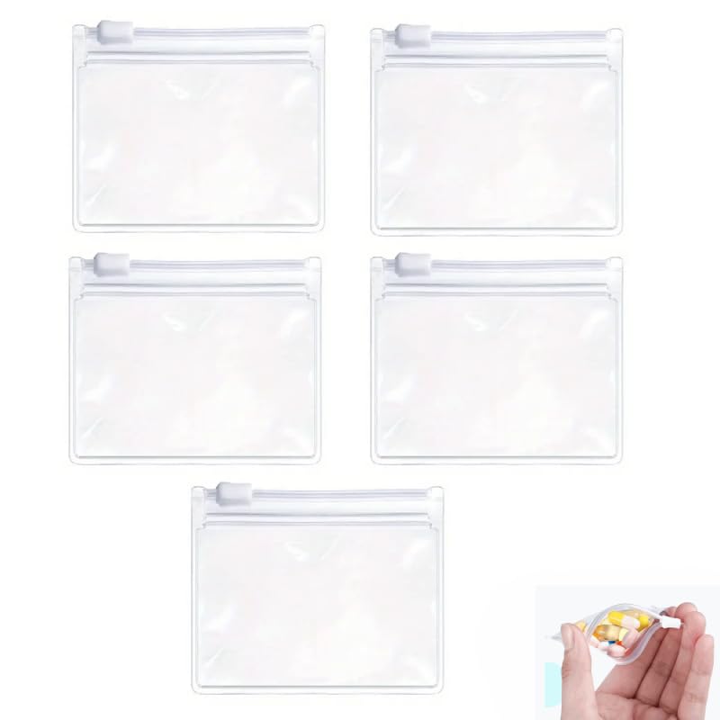 5 Bolsas Reutilizables para Píldoras y Pastillas con Cierre Fácil – Bolsa Plástica Portátil e Impermeable para Medicamentos, Suplementos y Vitaminas – Organizador de Viaje