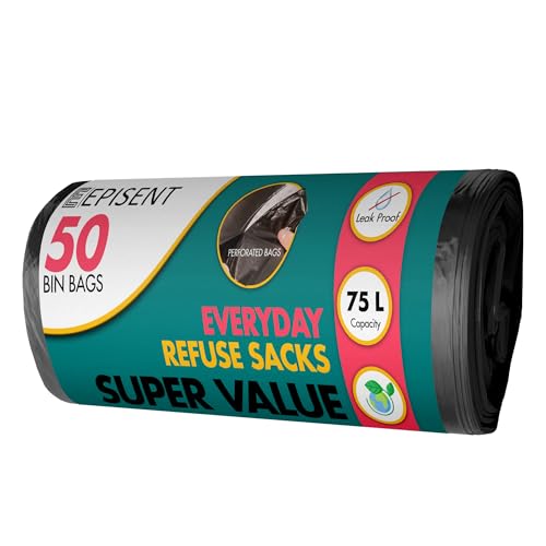 EPISENT 75L Heavy Duty Black Bin Bags – Extra Strong, Tear-Resistant, Earth-Friendly Bin Liners – Leak-Proof Refuse Sacks for Home, Kitchen, Garden, Commercial & Outdoor Use – Pack of 50
