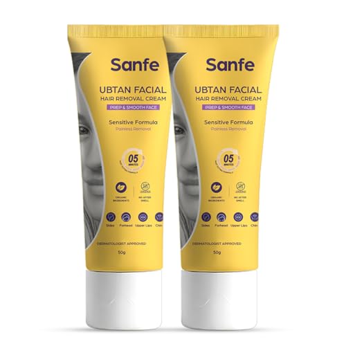 Image of Sanfe Ubtan Facial Hair Removal Cream for Women | Face Hair Remover | Upper Lip Hair Removal Cream | Chin & Forehead Hair Removal | Sensitive Skin | Gentle, Painless Formula | 50g | Pack of 2