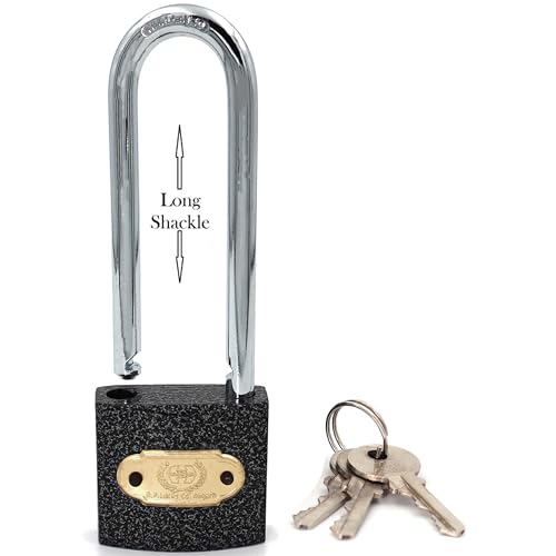 Image of Harrison C I-LS-0323 Cast Iron Body and Mild Steel Long Shackle 3 pin with 3 Key Padlock for Traveling Box, Door, Shutter, Gates, Iron Grills, (Grey, Painted Finish)