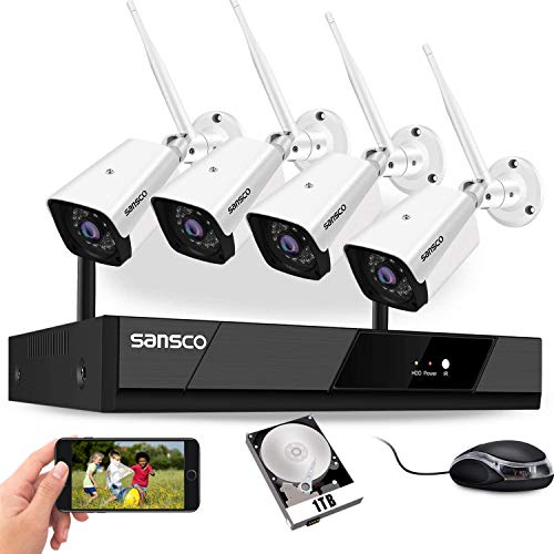 SANSCO Wireless CCTV Security Camera System, 4CH 1080p Network IP NVR with 1TB Hard Drive and (4) HD 960P Indoor Outdoor Weather-proof Bullet Cameras (1.3MP, 24/7 Continuous/Motion Recording, Easy Remote View, APP Push, Night Vision)