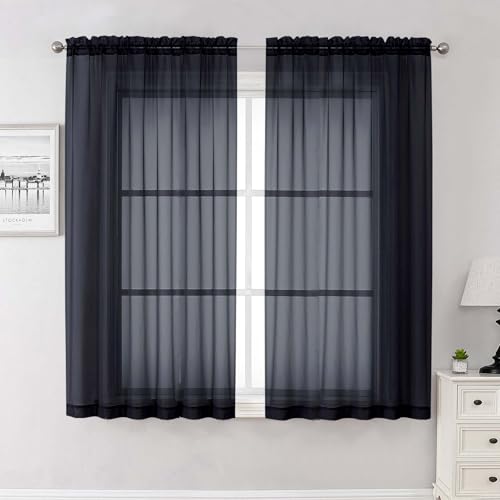 Lecloud Black Sheer Curtains 63 Inch Length 2 Panels, Voile Light Filtering Living Room Curtains for Bedroom, Rod Pockets Solid Soft Drapes for Bathroom Home Office, Each Panel 59" W x 63" L