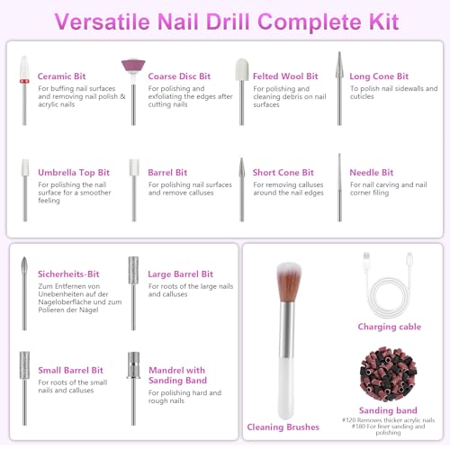 POFIBO Cordless Electric Nail Drill – 12 in 1 Rechargeable Electric Nail File Kit with LCD Display, 5 Adjustable Speeds, 35000RPM, for Acrylic & Gel Nails, Manicure & Pedicure - Image 7