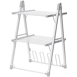 HOMCOM Tendedero Eléctrico Plegable de 2 Niveles 210 W Secador de Ropa con Zapatero para 2 Zapatos y Marco de Aleación de Aluminio 66x64x101 cm Plata