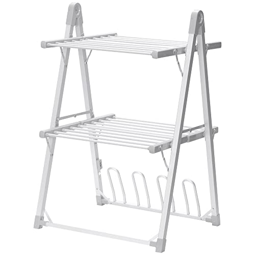 HOMCOM Tendedero Eléctrico Plegable de 2 Niveles 210 W Secador de Ropa con Zapatero para 2 Zapatos y Marco de Aleación de Aluminio 66x64x101 cm Plata