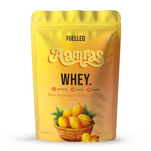 Image of FUELLED Whey Protein Powder with 24g Protein, 5g BCAAs, Aamras Flavour, 1 kg, 28 Servings, Gluten Free, Post Workout Recovery Supplement