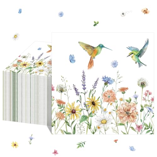 Janlaugh 100 Pack Summer Wildflower Cocktail Napkins Disposable Floral Hummingbird Paper Dinner Hand Napkins Flower Decorative Towels 13 x 13 Inch for Wedding Bridal Shower Birthday Tea Party