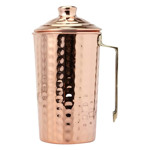 Pure Copper Water Hammered Jug with Lid and Brass Handle for Ayurveda Health Benefits, 1.5 Liter (50.72 US Fl Oz) Capacity (Modern Style)