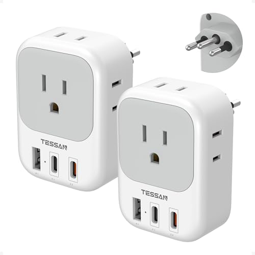 TESSAN Brazil Plug Adapter PD 20W 7 in 1 Type N Power Adapters with 4 American Outlets and 3 USB Ports(1 USB-A 2 USB-C) US to Brazil Travel Adaptor 2 Pack