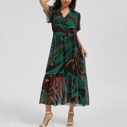 Image of Women's Summer Bohemian Floral Chiffon Dress Cap Sleeve V Neck Ruffle Long Flowy Boho Casual Vacation Dresses