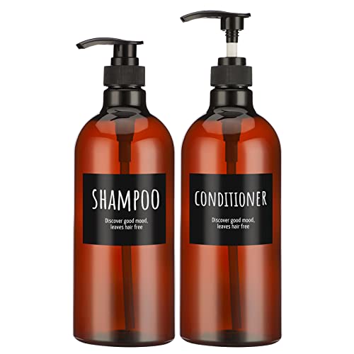 Image of Empty Plastic Bottles with Labels, Segbeauty 33.8oz Large Brown Shampoo Conditioner Reusable Dispenser, 2 Packs of 1000ml Refillable Shower Lotion Pump Press Bottles for Bathroom Hand Soap Body Wash