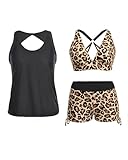 Yonique 3-teilige Tankini-Badeanzüge für Damen, ärmellos, mit Shorts, athletischer BH, Schwarz und Leopard., 48 Grande