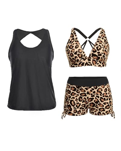 Image of Yonique 3 Piece Tankini Swimsuits for Women Swim Tank Top Bathing Suits with Boy Shorts and Bra Athletic Swimwear