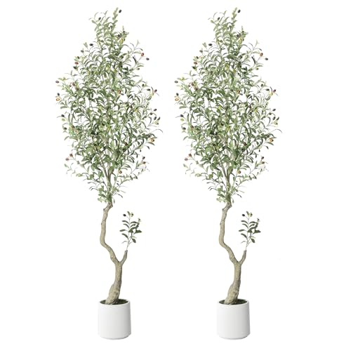 GarveeHome Faux Olive Tree 7ft, Olive Trees Artificial Indoor with White Planter, Artificial Silk Plants with Green Leaves and Big Fruits for Home Office DéCor Living Room Bedroom Stairs Foyer,2 Pack