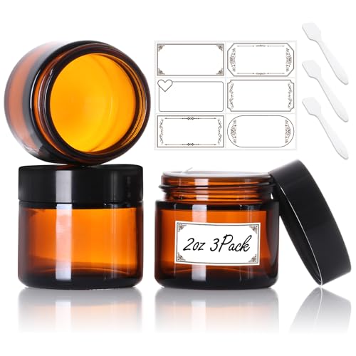 3 Pack 2 oz Amber Glass Jars with Lids – Small Cosmetic Containers with Inner Liners, Leak-Proof Travel Jars for Lotions, Scrubs, and Candle Making, Includes Labels & Spatulas