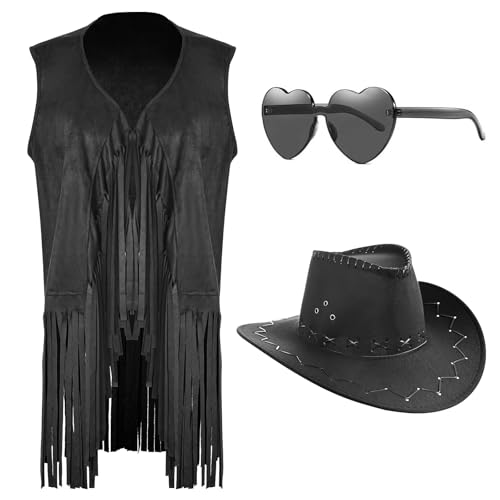 MAKCNMYM Black Fringe Vest Western Cowgirl Outfits 70s Hippie Sleeveless