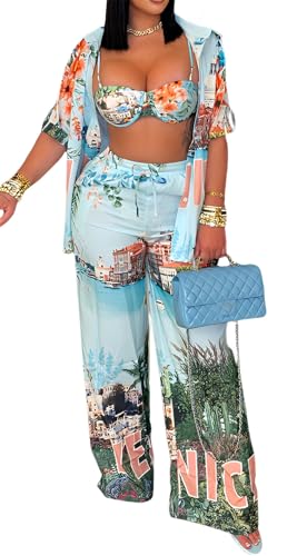 Women's 4 PCS Printed Bra Shorts Cardigan Bodycon Pants Sexy