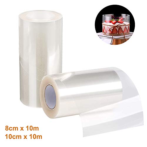 2 rollos de collares para tartas, ARPDJK tiras en rollo de acetato transparente, película transparente para decoración de tartas, chocolate, mousse y postre, 10 m x 10 cm, 10 m x 8 cm