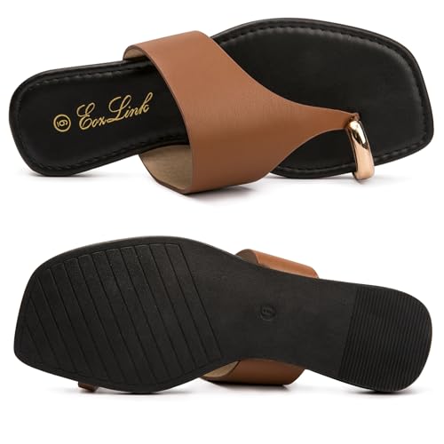 Image of Eozlink Women's Toe Ring Flat Sandals, Slip On Dressy Summer Slides | PU upper with square toe and metal accent for resort and casual outfits