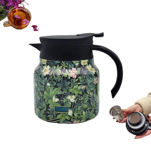 Termo de té con patrón floral vintage, 800 ml, tetera con infusor, cafetera mini caliente, jarra térmica de acero inoxidable con tapa para bebidas calientes (C)