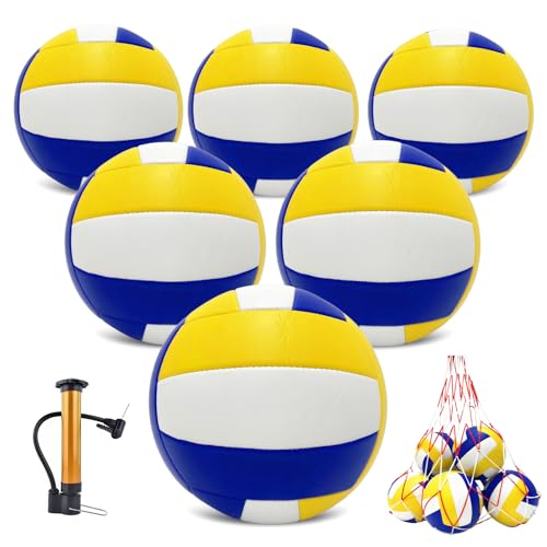 UNISHOW 6 Pack Size 5 Volleyballs with Pump & Bag, Yellow