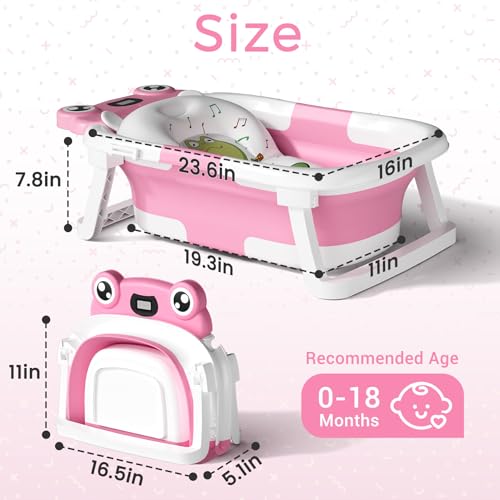 Image of BUNWAG Baby Bathtub,Collapsible Newborn Bathtub for Infant to Toddler with Soft Cushion and Thermometer,Portable Travel Newborn Tub with No-Slip Feet,Baby Shower Gifts,0-12 Months Babybath,Bright Pink