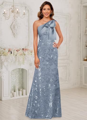 Women's Sequin Mother of The Bride Dresses with Bow One Shoulder Lace Formal Evening Dress VS2153