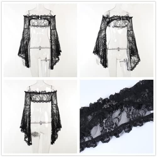 Image of Goth Lace Sheer Bolero Shrugs For Evening Dresses Gothic Floral Bell Sleeve Renaissance Bolero Cardigans Crop Top