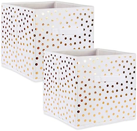 DII Non Woven Storage Collection Polka Dot Collapsible Bin Small Set, 11x11x11" Cube, White & Gold, 2 Piece