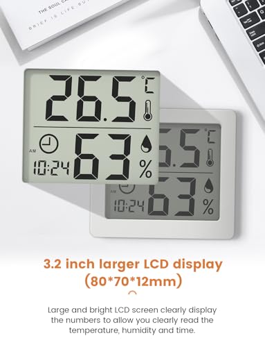 Digitales Thermo-Hygrometer Innen Thermometer Hygrometer Temeo Hygro Indicator 3,1” großer LCD-Bildschirm Temperatur und Luftfeuchtigkeitmessgerät mit Uhr (weiß)