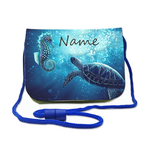 Kinder Brustbeutel mit Name und Schriftartwahl | Klettverschluss mit Schnur zum Umhängen und Klarsichtfach | Geldbeutel personalisiert | 3 Farben (Schildkröte)