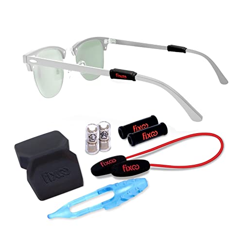 FIXOO Sunglass Holder Kit Magnetic Eyeglasses Holder Set with Strap, Visor Clip and Arm Clips - Strong Discreet Magnets Keep Eyewear Secure Safe For Plastic Frames Black Tube and Red Strap