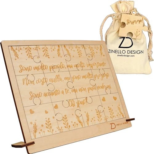 ZINELLO DESIGN - Puzzle di legno Annuncio Gravidanza per i tuoi cari | Idea Regalo Personalizzato per Futuro Papà, Nonna, Nonno, Madrina, Padrino | Annuncio di Nascita Bambino (Con cornice)