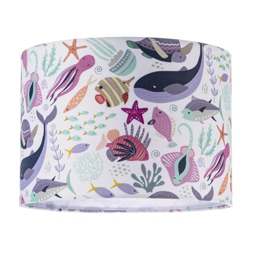 Image of Underwater Designed Fabric Lamp Shade with Whales Turtles Tropical Fish Octopuses Starfish | Ideal for Nurseries Childrens Bedrooms and Playrooms by Happy Homewares